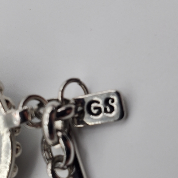 GS Silver Tone Green Rhinestone Bracelet Enamel Link Fashion Jewelry 7 1/2" - Picture 6 of 10